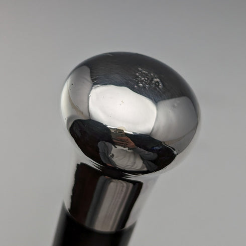 1925 British Vintage Men's Walking Stick, Sterling Silver, Round Handle, Black Shaft, 91cm, J Howell